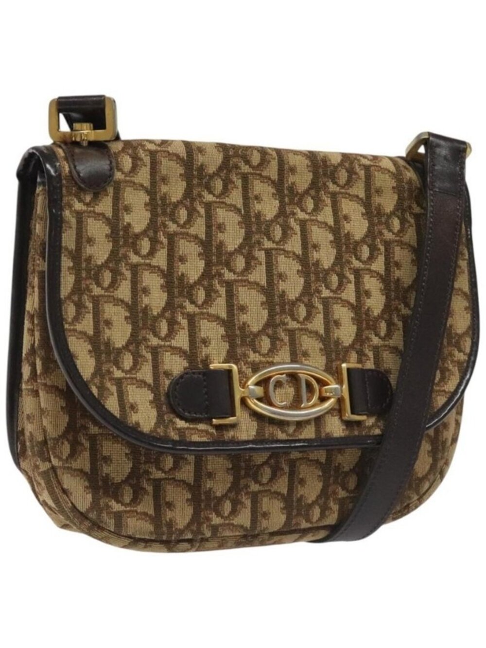 Authentic Christian Dior Trotter Canvas Shoulder Bag Brown Gold